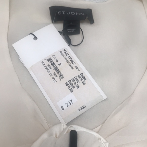 ST.JOHN 100% silk top, white /black top, size 2, with center rhinestone rosette - Picture 3 of 5